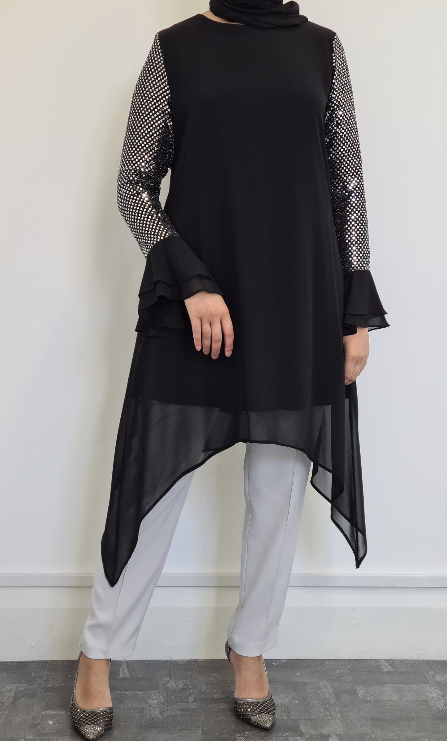 Black Chiffon Dipped Top with Sequined Flared Sleeve