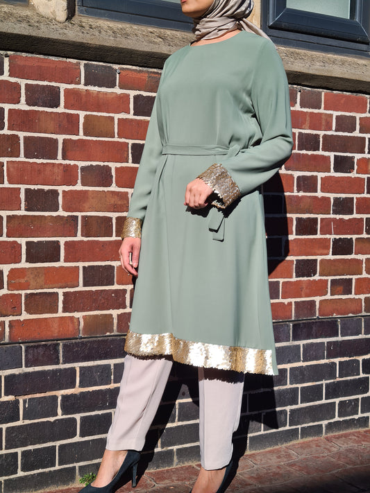 Sage Belted Tunic With Gold Sequin Trim