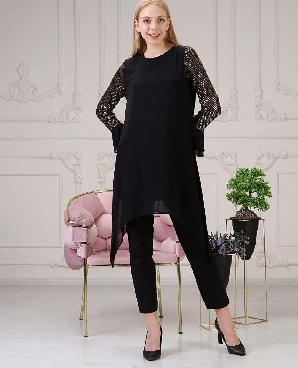 Black Chiffon Dipped Top with Sequined Flared Sleeve